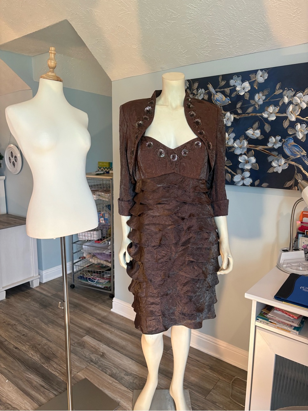 Ignite Evenings Brown Ruffled Midi Dress with Embellished Bolero Jacket